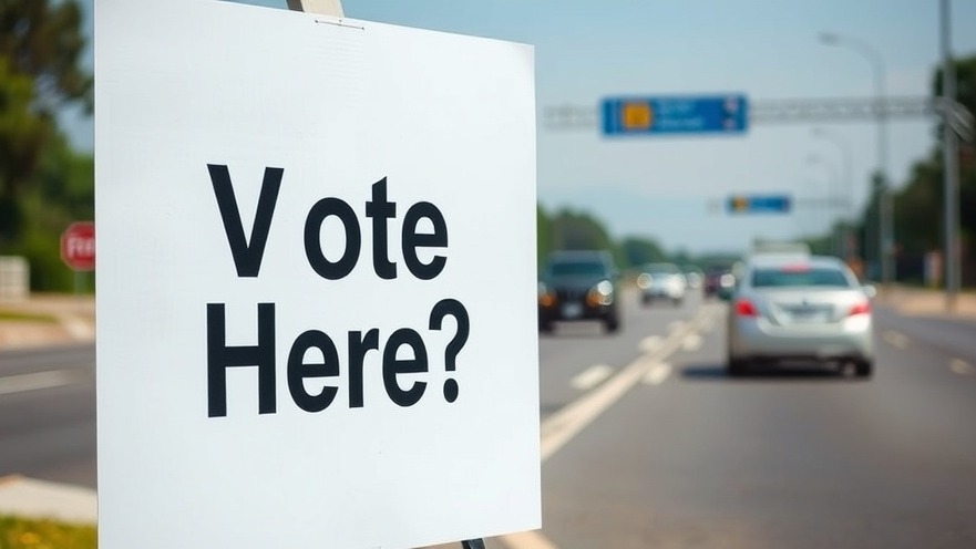 Close-up of a 'Vote Here?' sign promoting voter education in Williamson County.