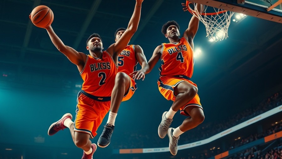 Dynamic NBA highlights showcasing two players leaping for a dunk in vibrant jerseys