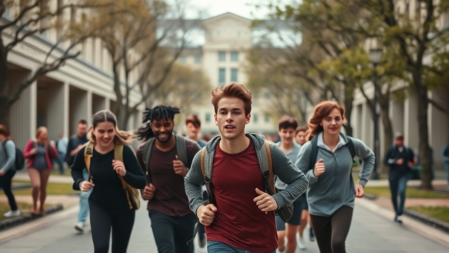 College students running in fear on campus during hoax threats, highlighting safety concerns.