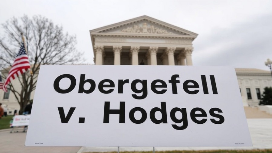 Sign for Obergefell v. Hodges at US Supreme Court, symbolizing same-sex marriage rights.