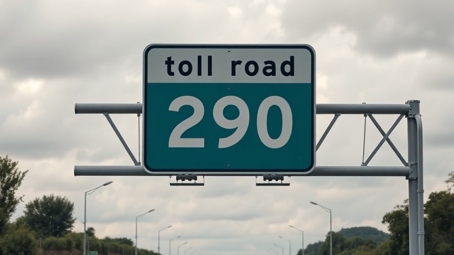 Photorealistic toll road sign on 290 with greenery, reflecting Austin traffic news.
