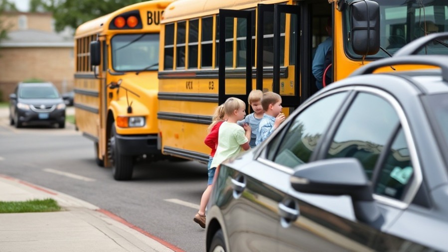 Children safely exiting a school bus with cars nearby, highlighting self-driving car safety and school bus traffic laws.