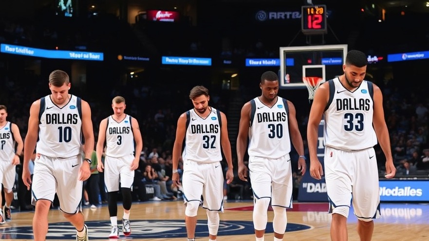 Dallas Mavericks players in white uniforms walk off court after loss, reflecting on the game.