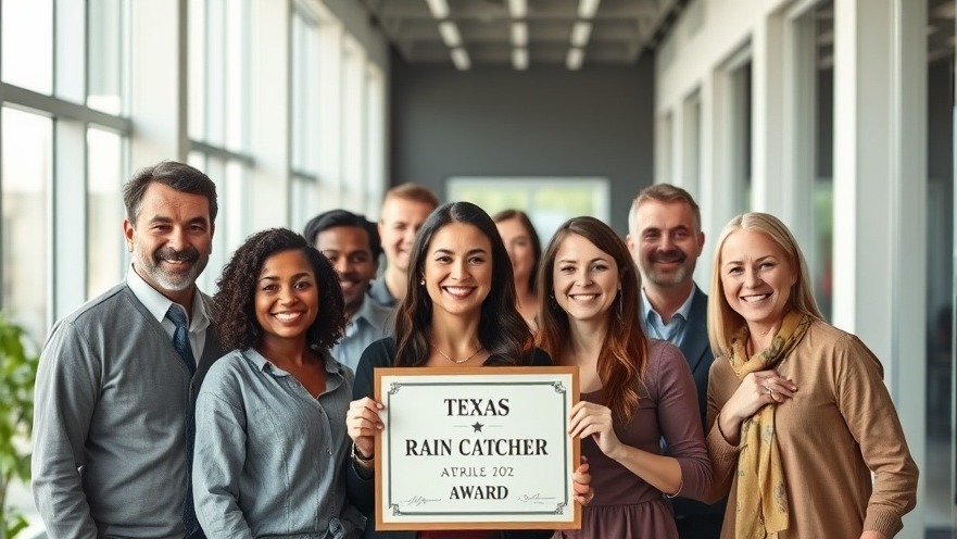 Diverse group celebrating rainwater harvesting Austin achievements in a bright office.