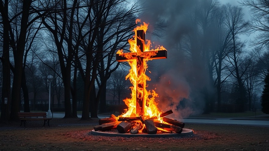 A burning cross in a park symbolizing political violence and the Trump narrative on national unity.