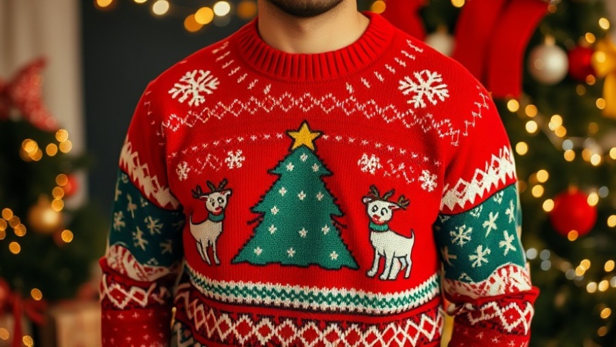 Man in ugly Christmas sweater enjoying festive activities in Dallas