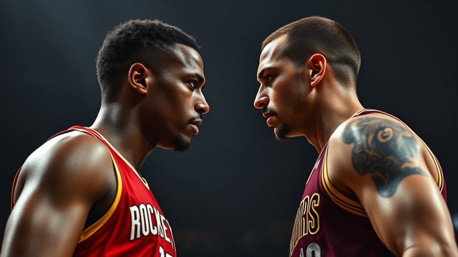 Intense basketball highlights of Rockets vs Cavs game with determined players.