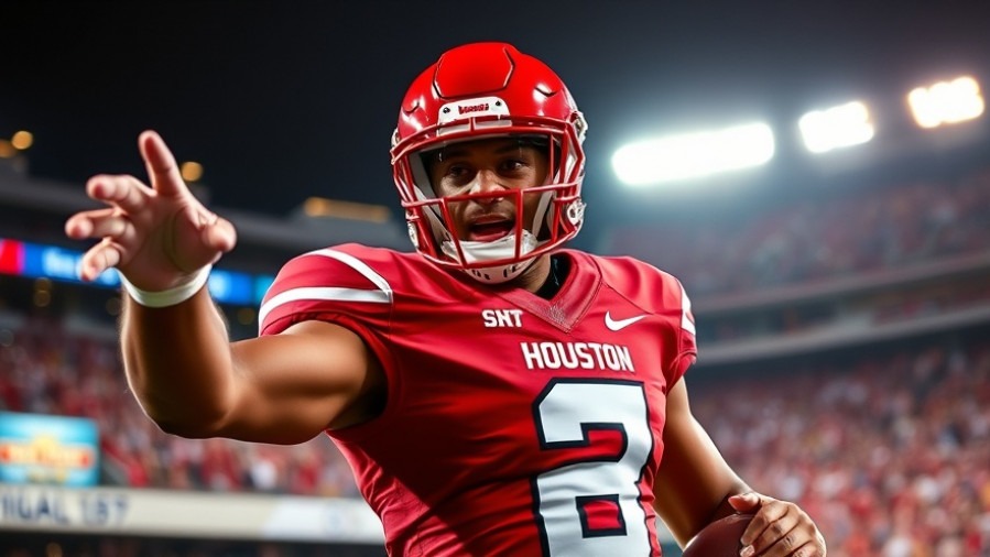 Houston Cougars player gestures energetically during Texas Bowl matchup vs LSU Tigers.