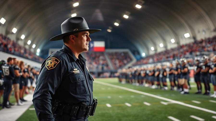 Texas State Trooper on football field sideline highlights sportsmanship in college sports.