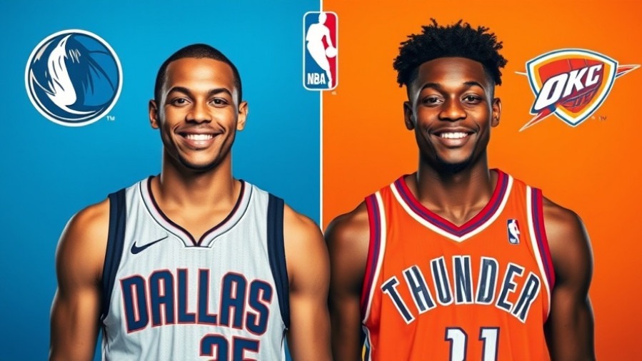 Promotional NBA game poster featuring Mavericks vs Thunder players, highlighting game recap.