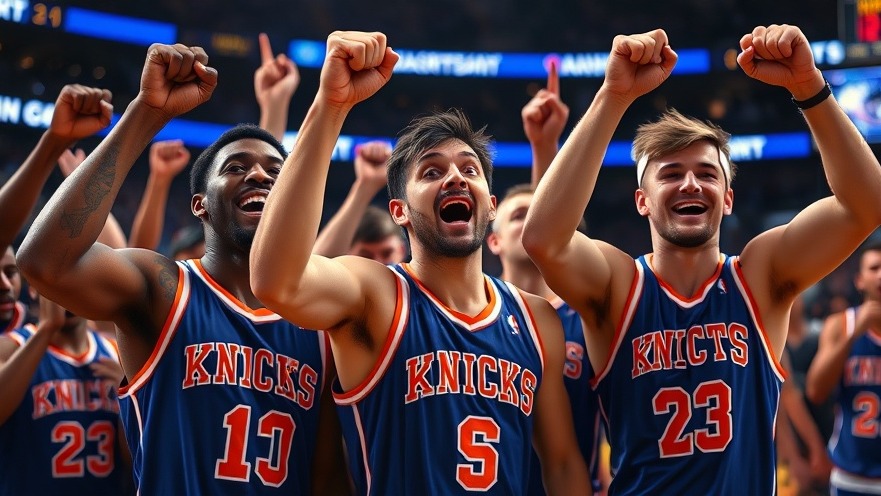 Jubilant Knicks players celebrate NBA playoffs victory, showcasing intense joy and triumph.