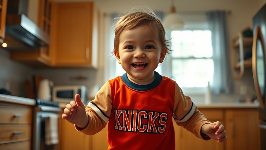 Adorable child in Knicks attire, vibrant scene highlighting Dallas local sports spirit.