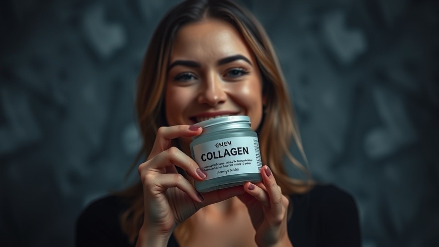 Smiling senior woman with collagen jar, highlighting gut health and mental wellness.