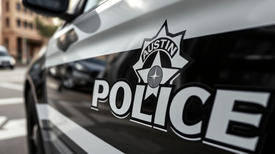 Close-up of an Austin police car door, highlighting traffic safety and community response.
