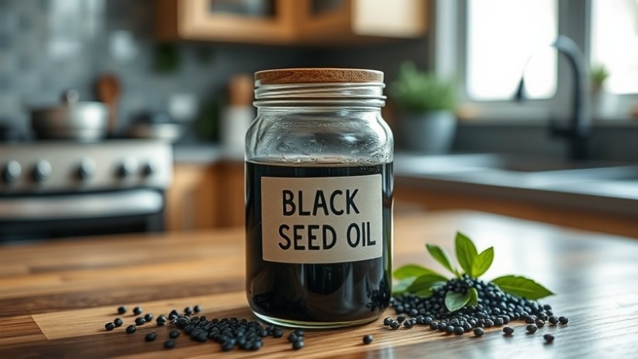 Black seed oil jar on a kitchen table, a natural remedy for mental wellness for seniors.
