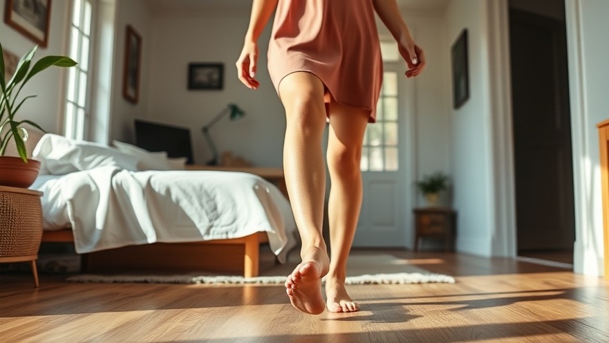 Young woman practicing intentional living by walking barefoot at home for balanced wellness.