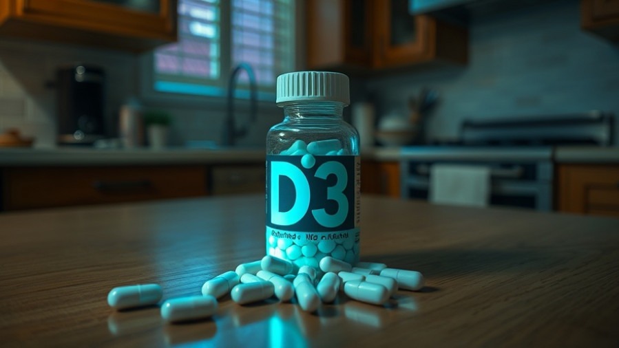 Bottle of 'D3' pills on a kitchen table promoting mental wellness for seniors.