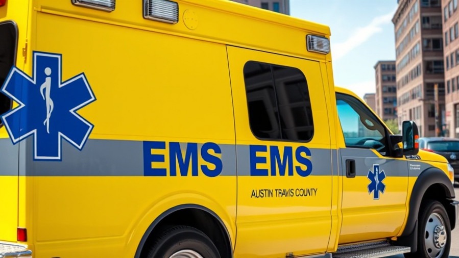 Bright yellow EMS vehicle in Austin emphasizing public safety, urban setting.