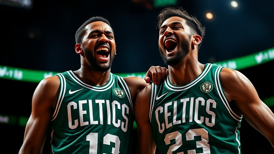 Boston Celtics players celebrating victory in NBA playoffs under dramatic arena lighting.