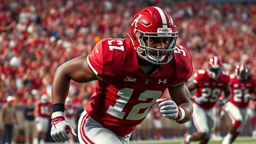 Photorealistic Alabama football player in action, highlighting Greg McElroy analysis.