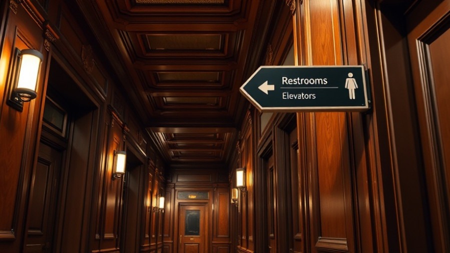 Intricate wood-paneled hallway with restroom sign, reflecting Texas transgender rights issues.