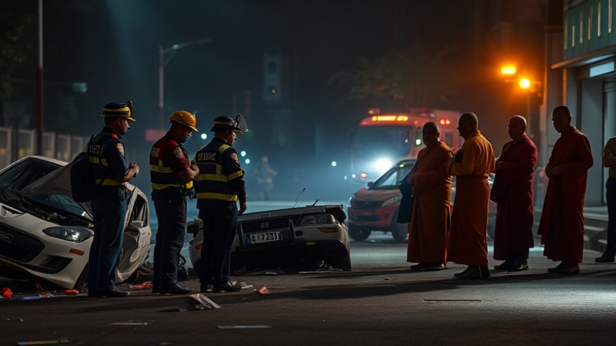 Buddhist monks in Dayton, Texas observe a somber peace walk scene with emergency responders.