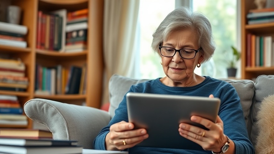 Senior woman focused on a tablet at home, emphasizing technology in elder care.