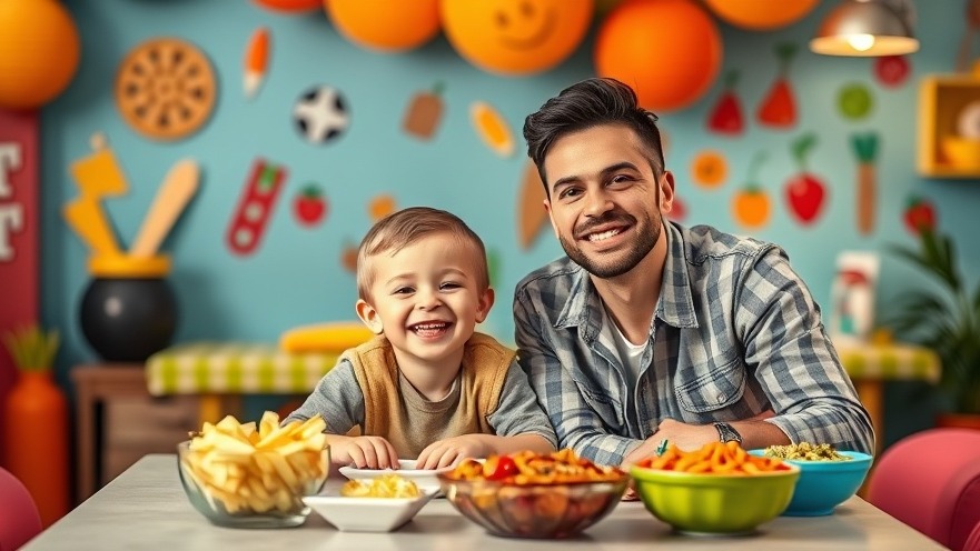 A cheerful man and child enhancing culinary skills for children in a vibrant cooking class.