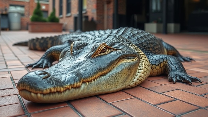 Photorealistic alligator safety in an urban setting, showcasing Texas wildlife education.