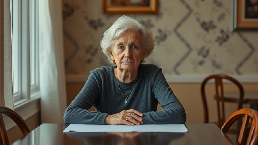 Sad senior woman reflecting on longevity and social connection at an empty table.