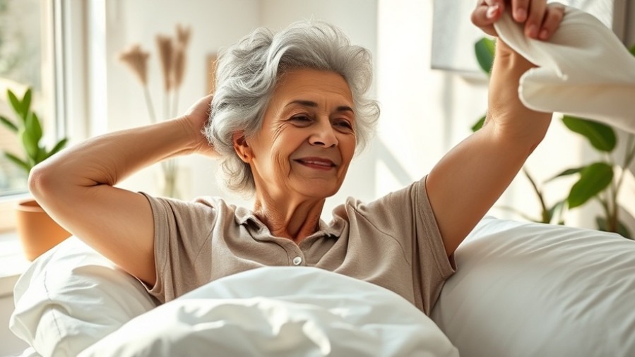 Content older woman stretching in bed promoting sleep hygiene for restful sleep.