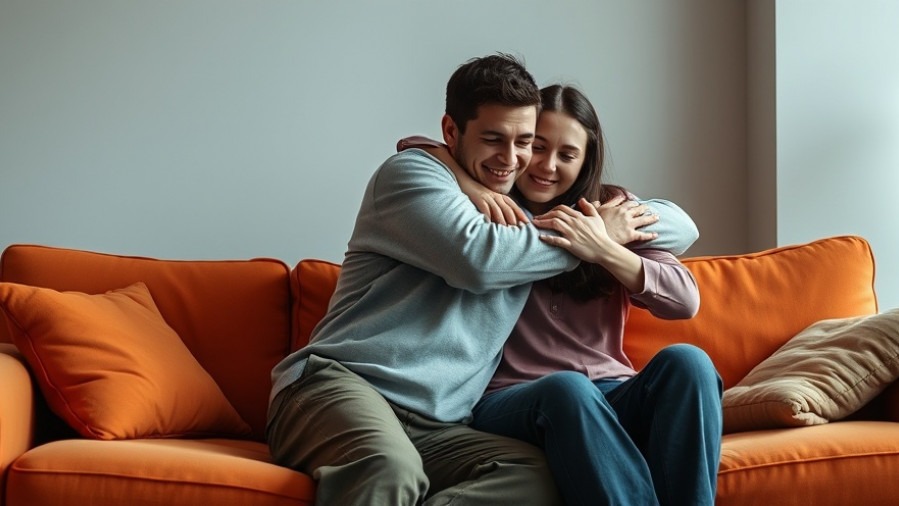 Cozy couple embracing on sofa, sharing surprising pregnancy news in a reality TV setting.