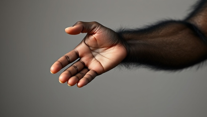 Close-up of a chimpanzee's right hand highlighting the evolution of handedness.