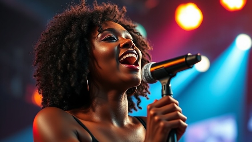 Dynamic black female singer performing NCL shows with vibrant lights, showcasing Whitney Houston legacy.