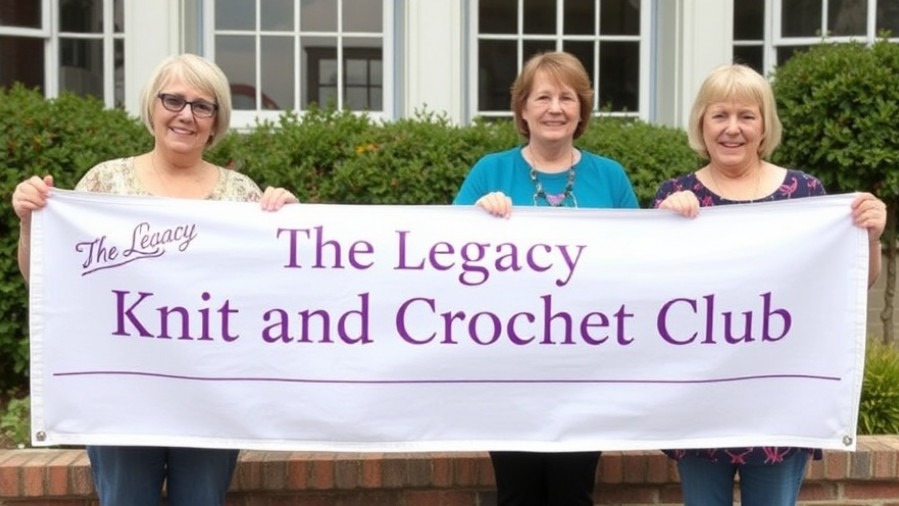 Women promoting Dallas community volunteer efforts with The Legacy Knit and Crochet Club banner.