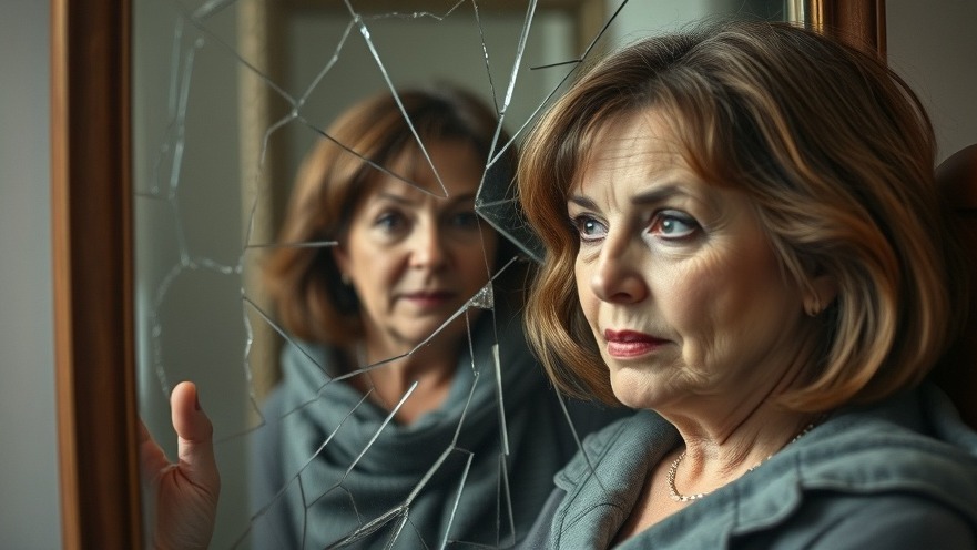 Middle-aged woman reflecting on personal responsibility in a shattered mirror.