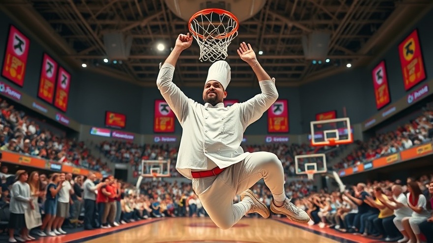 Energetic chef athlete mid-air dunk on basketball court, showcasing sports wellness.