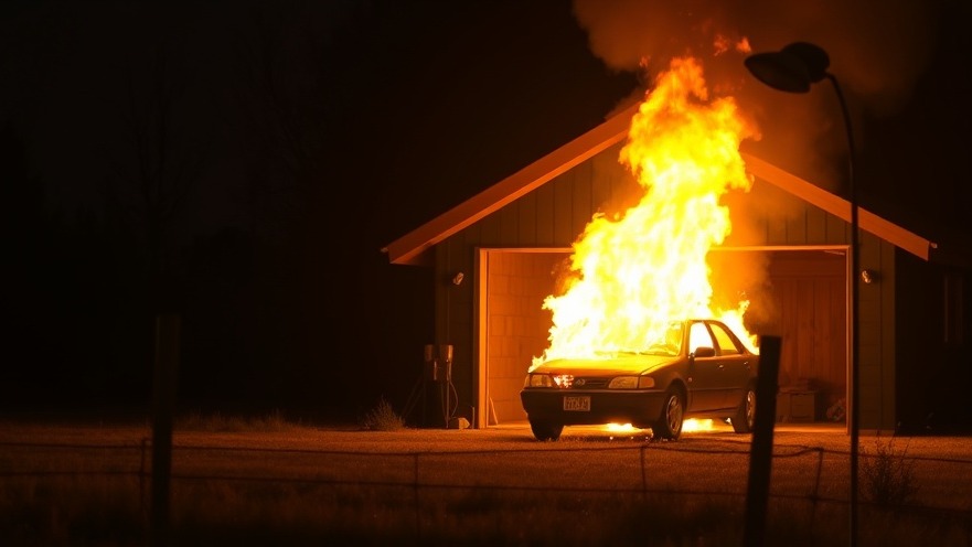 Dramatic nighttime vehicle fire in garage, highlighting San Antonio emergency news.