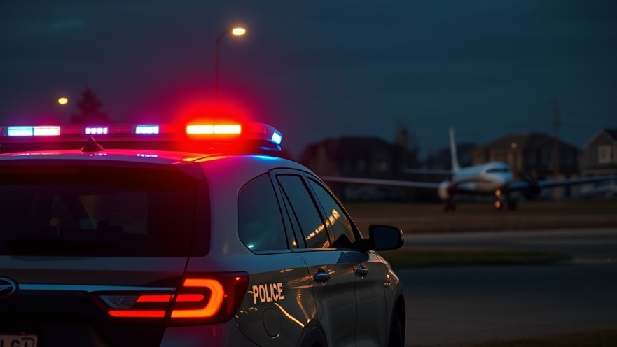 Police vehicle with lights at night near small plane for Austin breaking news on aviation safety.