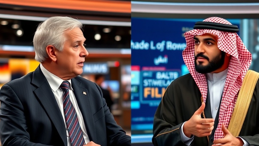 Professional older Caucasian and Middle-Eastern man discussing breaking US news in a studio.