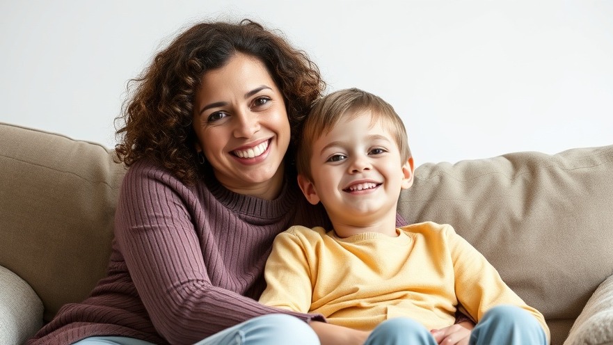 Smiling mother and son promoting traffic signal advocacy and road safety.