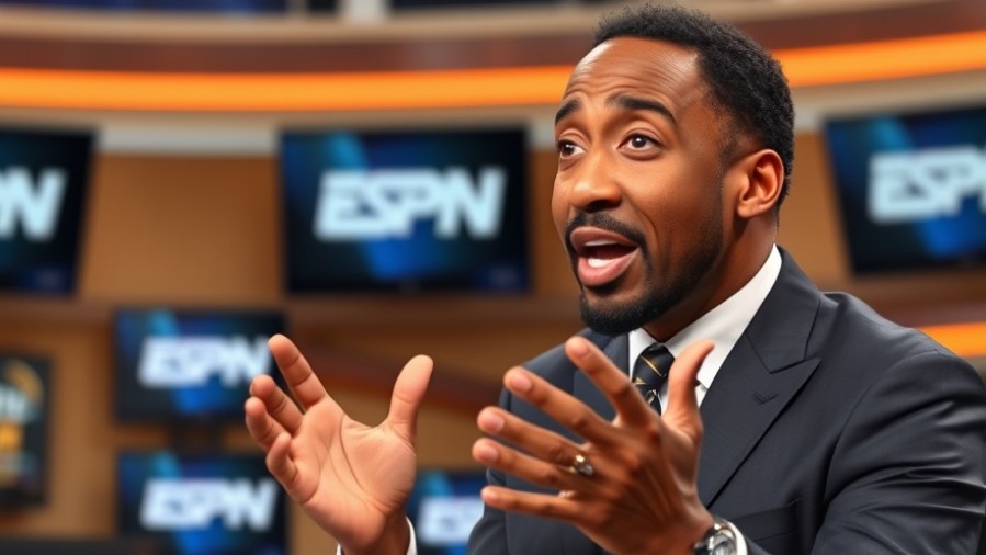 ESPN host Stephen A. Smith passionately discusses college football scores in a studio.