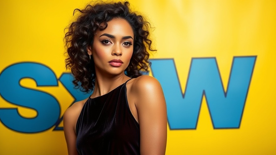 Elegant woman with curly hair in velvet dress, embodying feminine voice at SXSW.