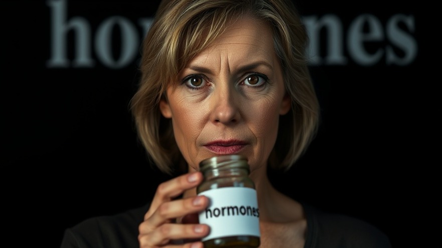 Middle-aged woman with focused gaze holding 'hormones' jar, symbolizing hormonal balance and natural remedies for menopause.