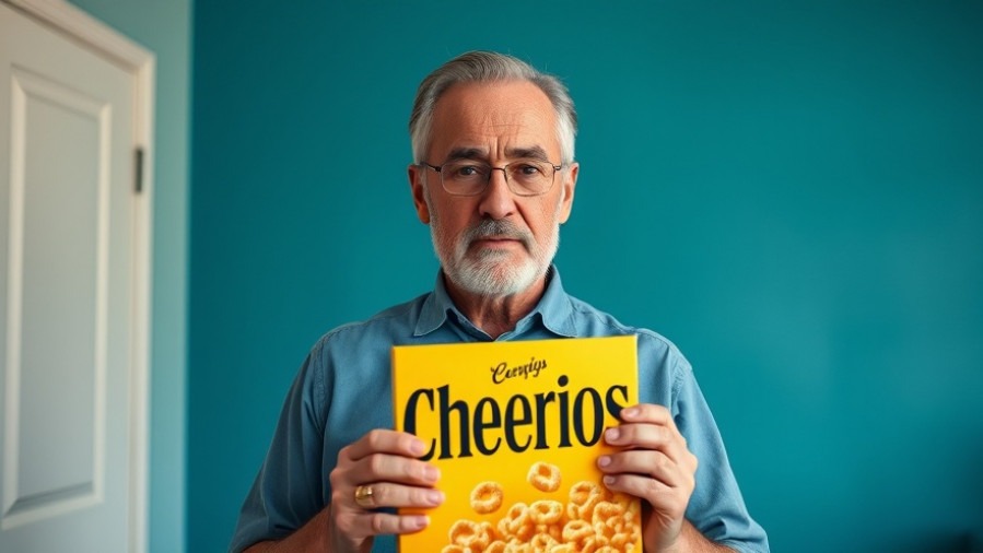 Middle-aged man with Cheerios box, emphasizing processed food effects on mental wellness for seniors.