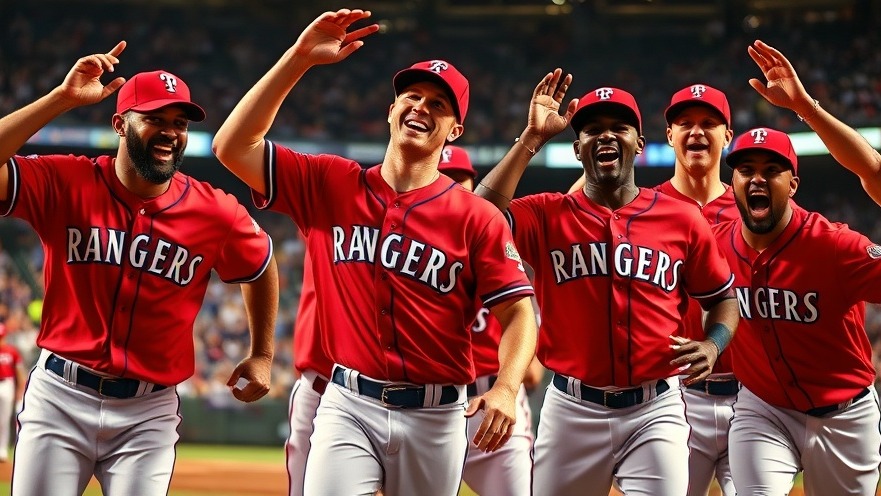 Texas Rangers game analysis with players celebrating in vibrant red jerseys.