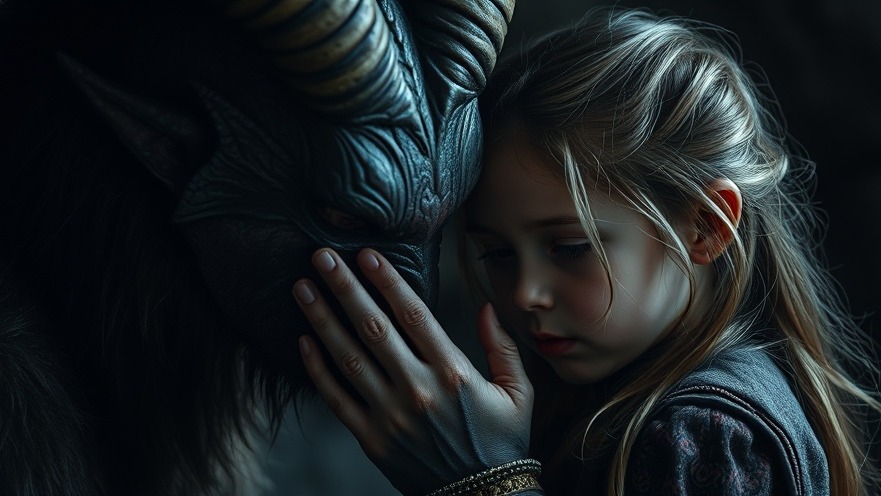 Enchanting cinematic photo of a mystical horned creature and a girl, evoking Dallas entertainment.