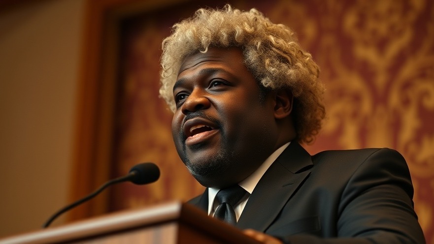 Lifelike college football scores speech by a black male comedian in a dark suit.