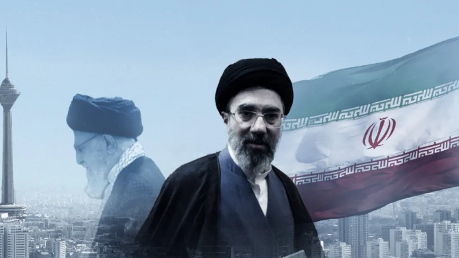 Composite image of a religious figure outdoors and a crowd in a demonstration.