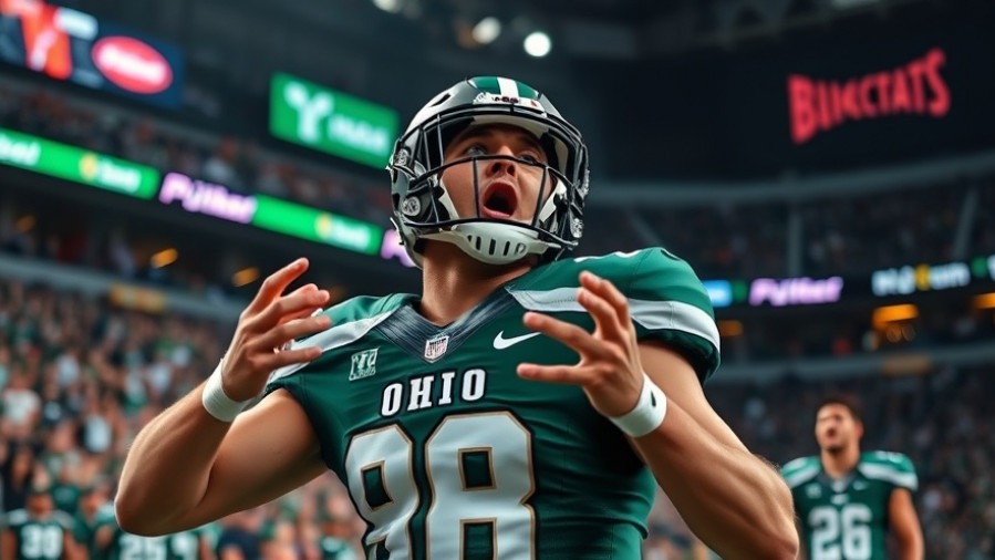 Excited Ohio Bobcats player during UNLV Rebels game, capturing college football highlights.